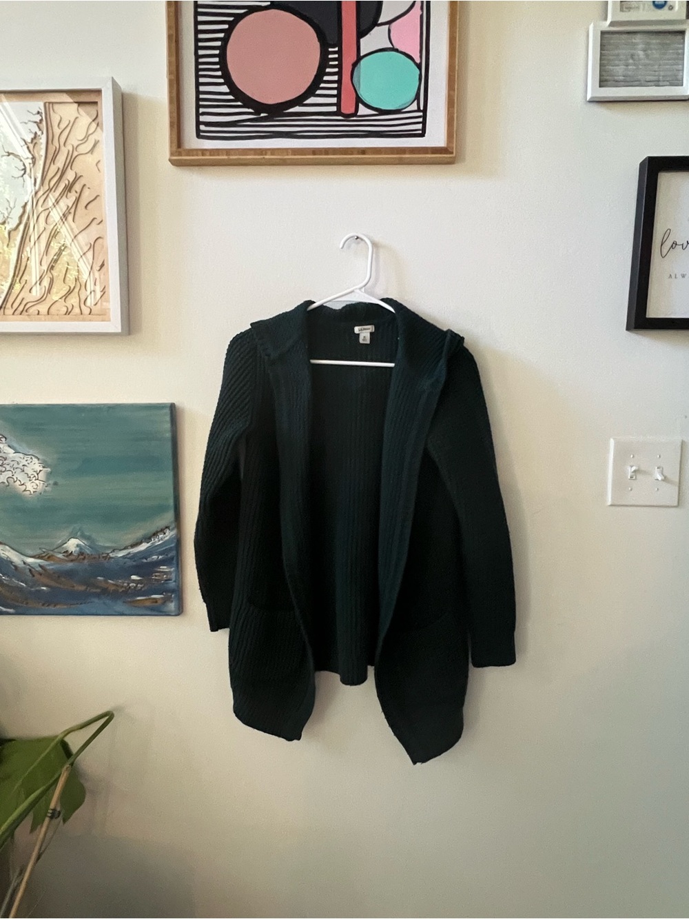 L.L.Bean Women’s Medium Green Hooded Cardigan Chunky Waffle Knit Sweater - Picture 2 of 4